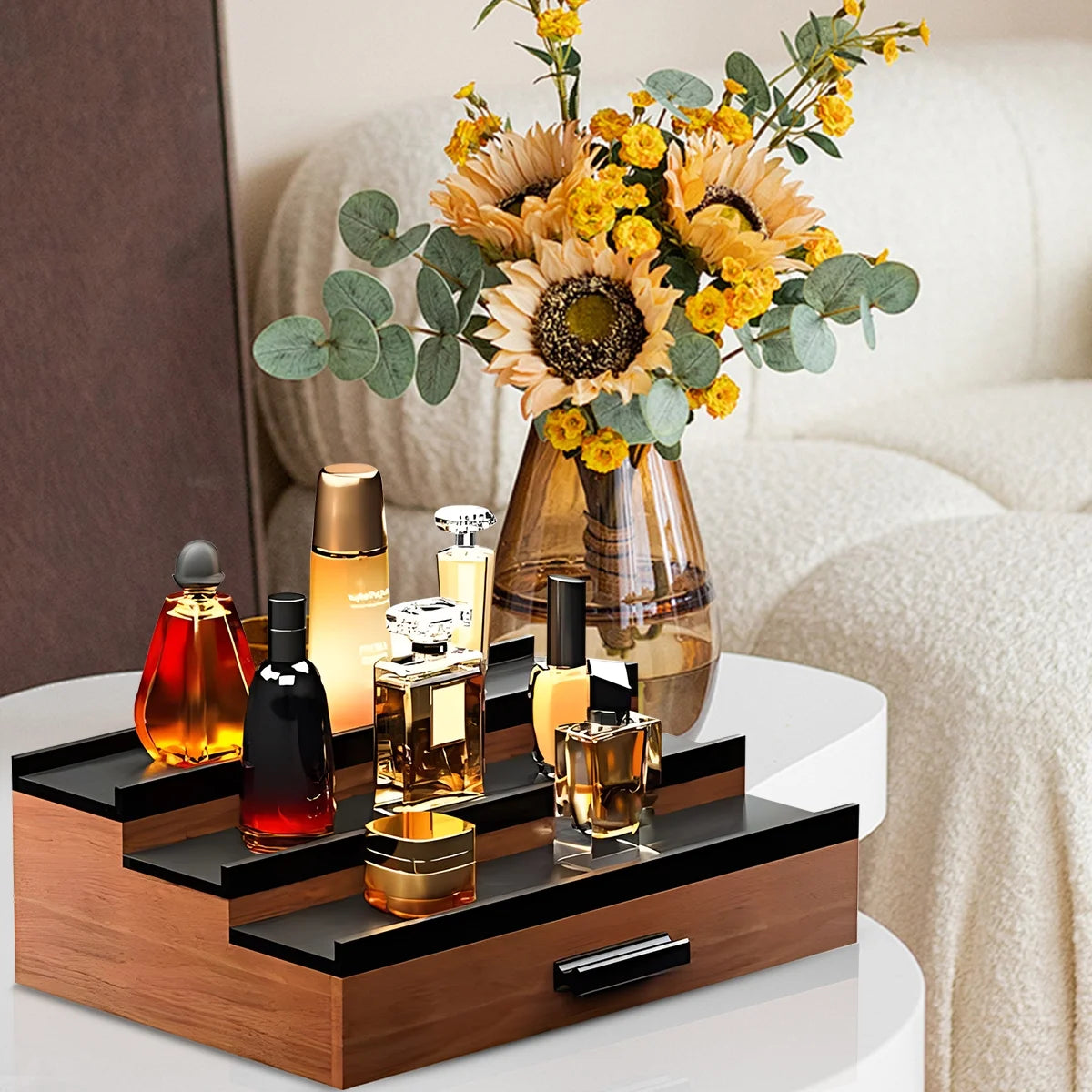 Wooden Cologne Organizer for Men 3 Tier Perfume Organizer Display Shelf with Drawer Cologne Display and Storage Display Risers Great Gift for Man Walnut Black