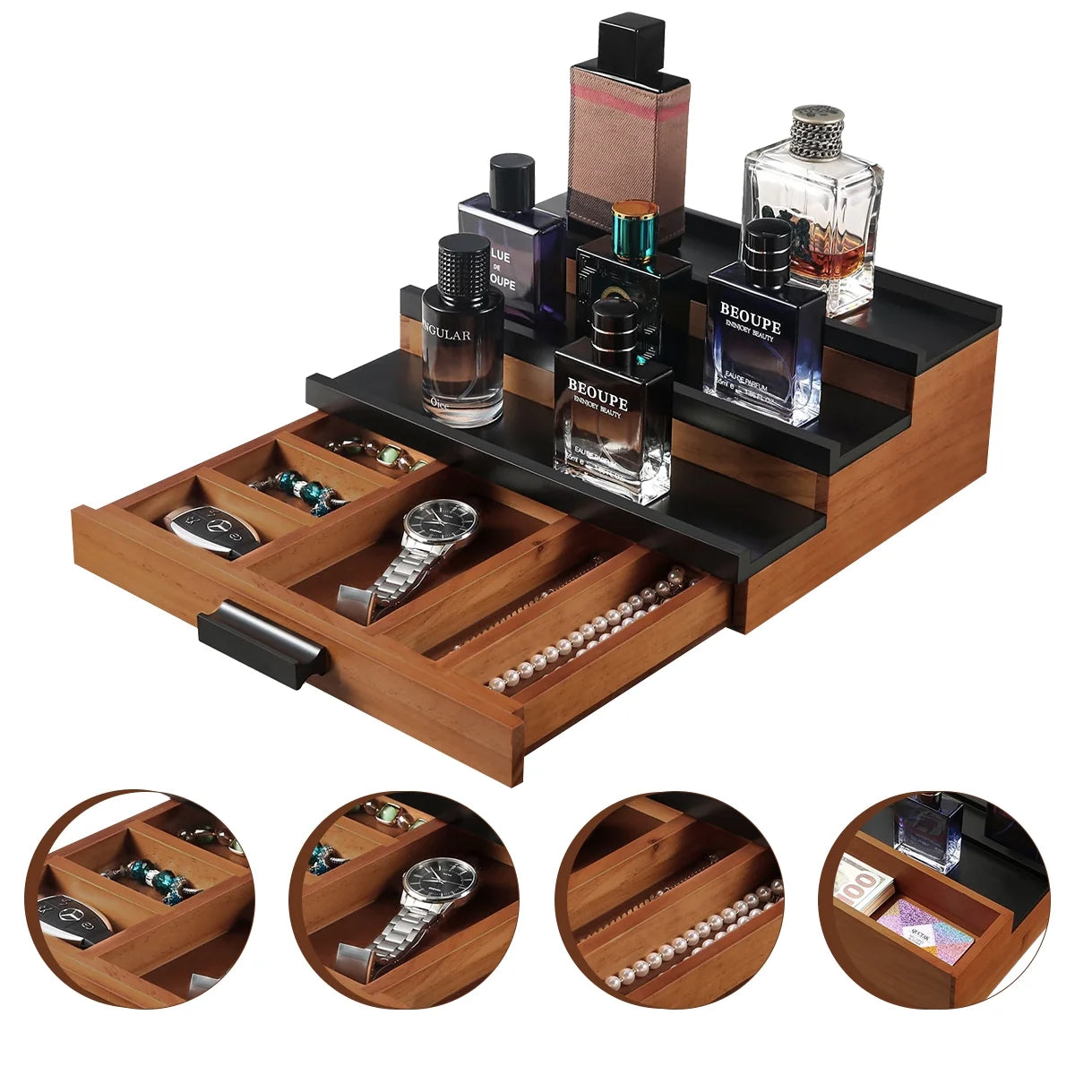 Wooden Cologne Organizer for Men 3 Tier Perfume Organizer Display Shelf with Drawer Cologne Display and Storage Display Risers Great Gift for Man Walnut Black