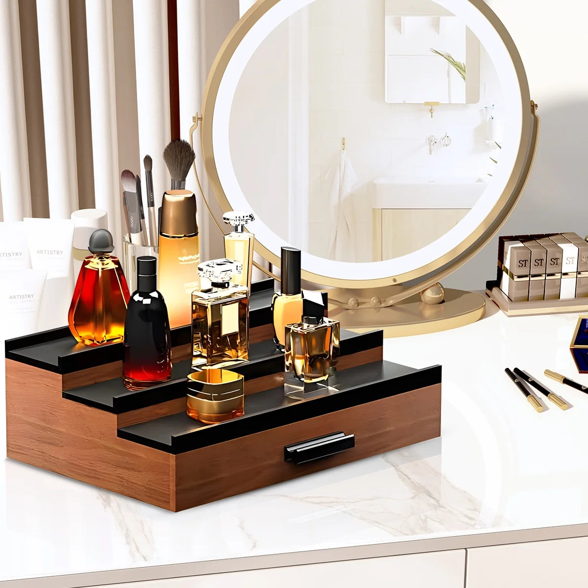 Wooden Cologne Organizer for Men 3 Tier Perfume Organizer Display Shelf with Drawer Cologne Display and Storage Display Risers Great Gift for Man Walnut Black